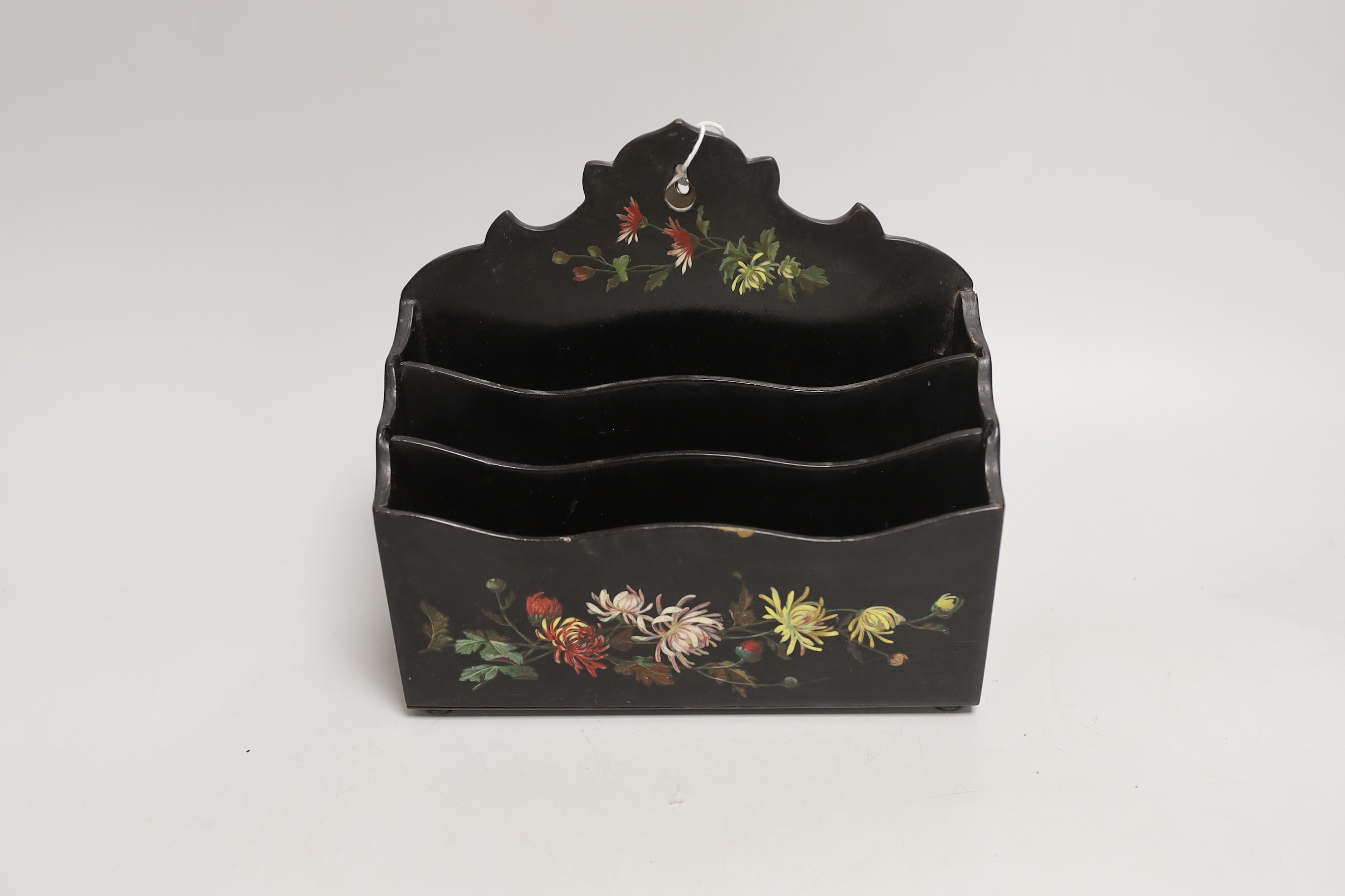 A Victorian mother of pearl papier mache box and blotter and a similar letter rack, box 17.5cm wide, 13cm deep